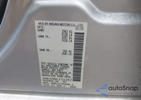 2019 Nissan Altima 2.5 Sr from USA, damaged, VIN 1N4BL4CV0KC255382